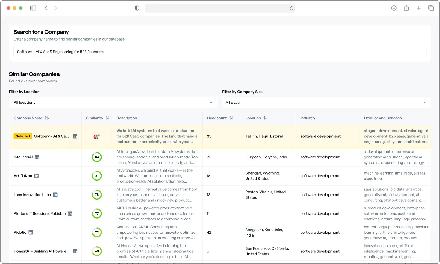Softcery look-alike search interface