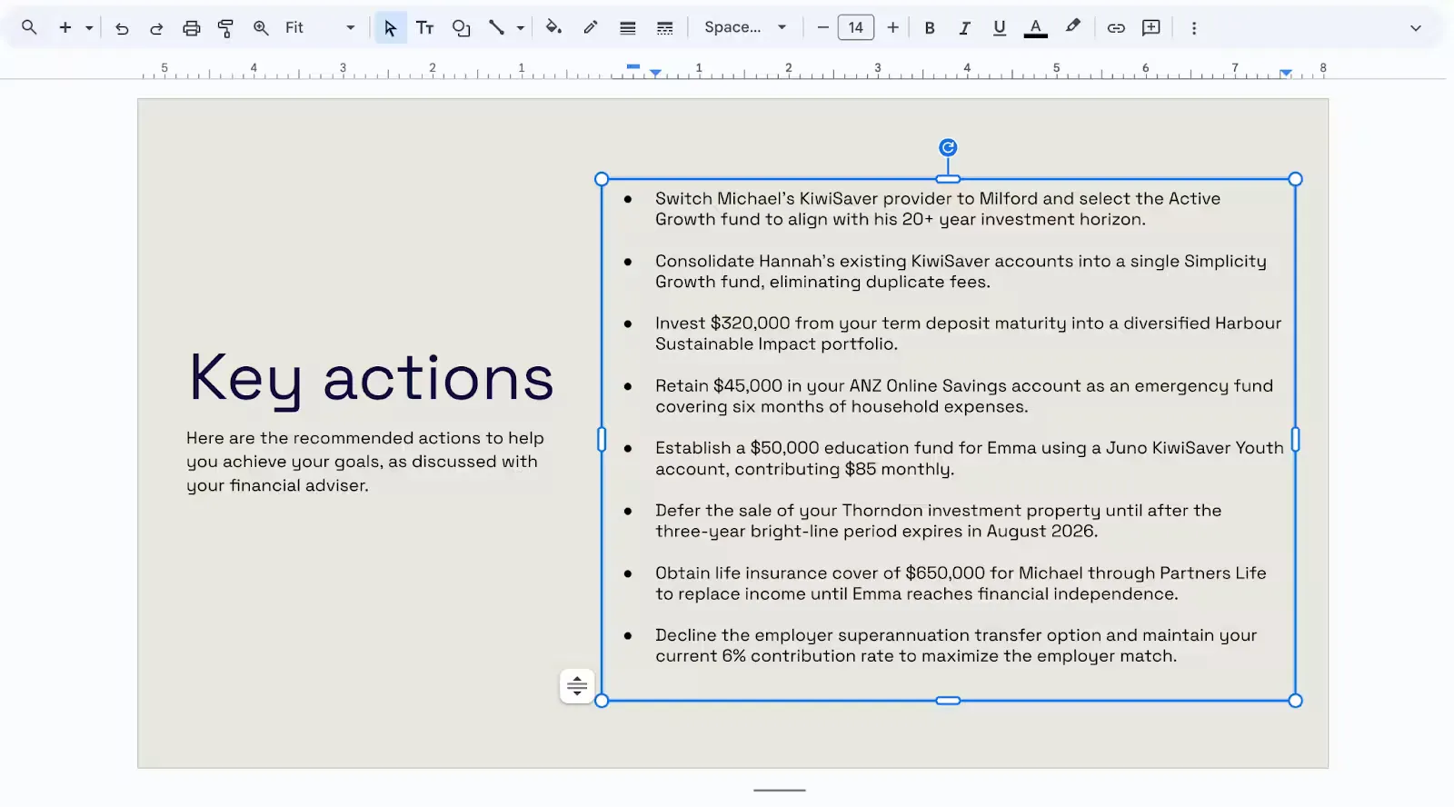 Example of a generated Key Actions slide