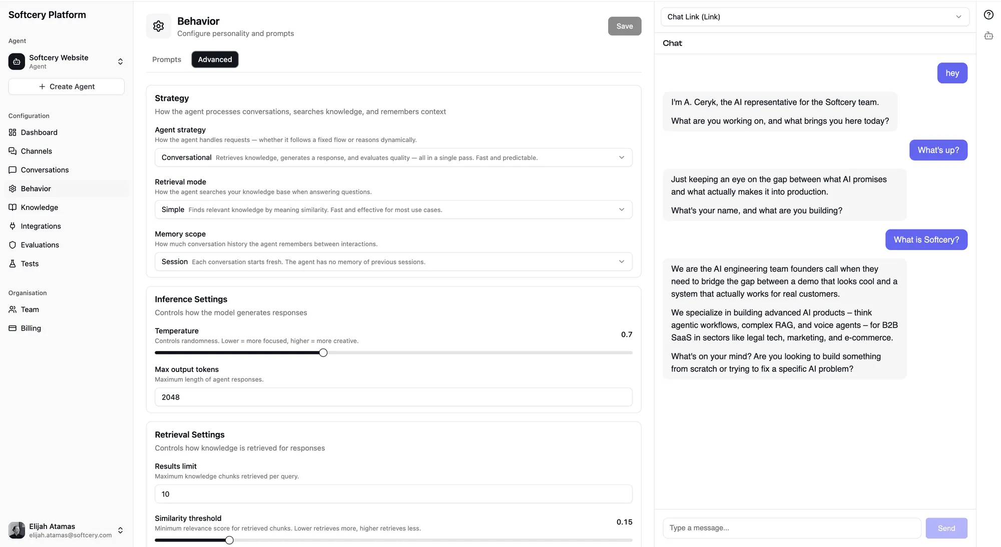 Advanced tab with strategy, inference, and retrieval settings