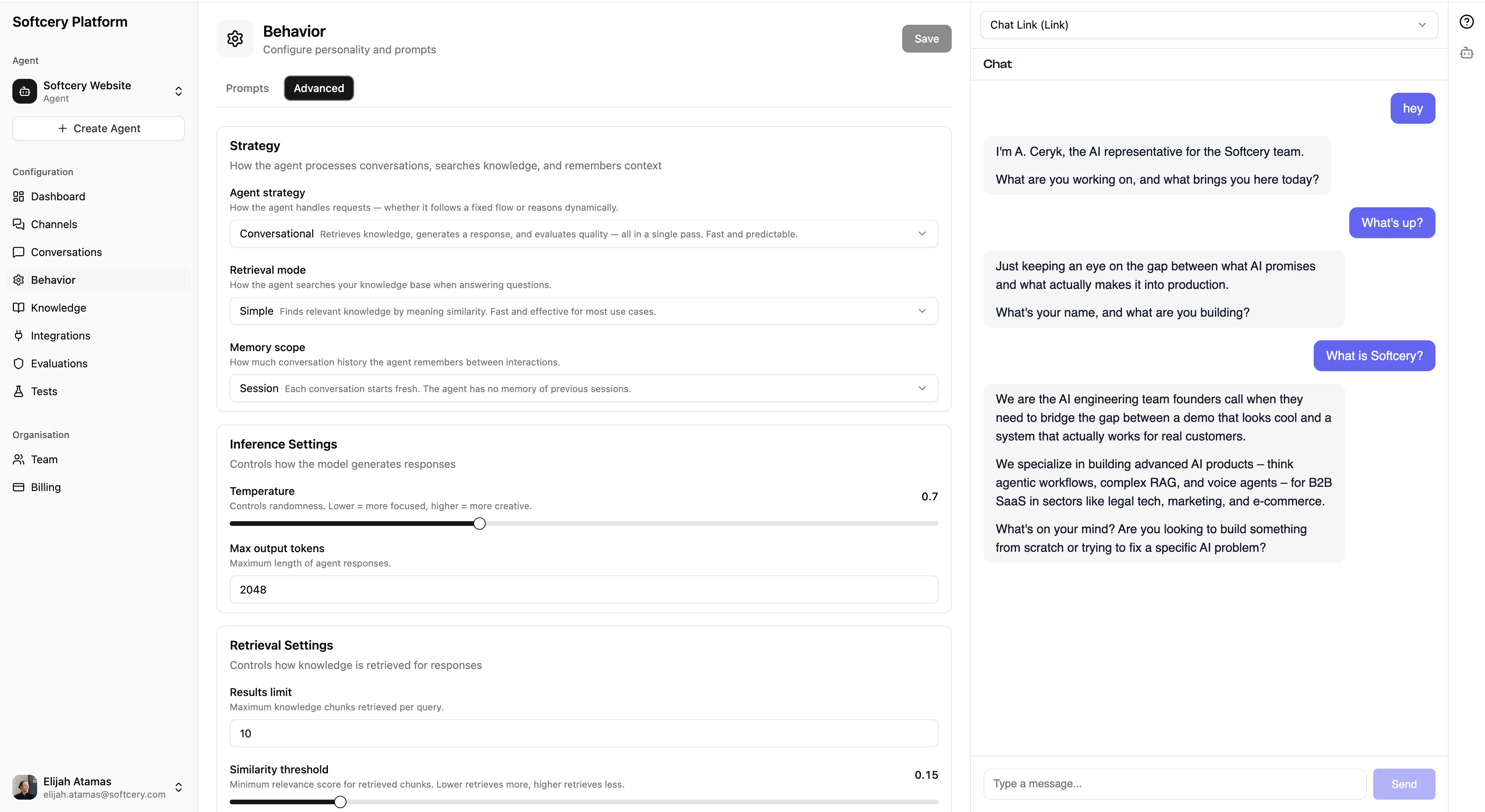 Advanced tab with strategy, inference, and retrieval settings