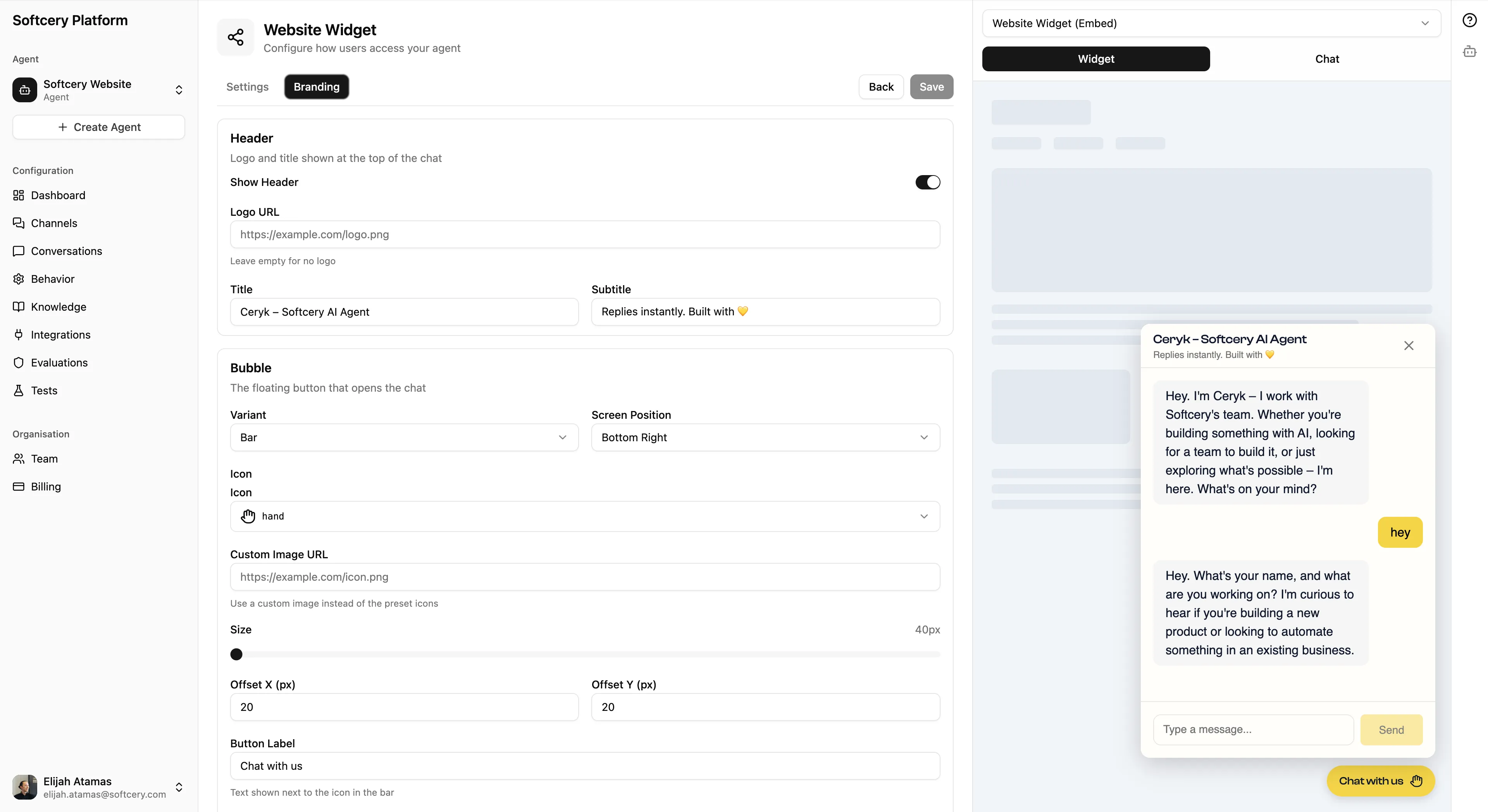Branding configuration with header, bubble settings, and live chat preview