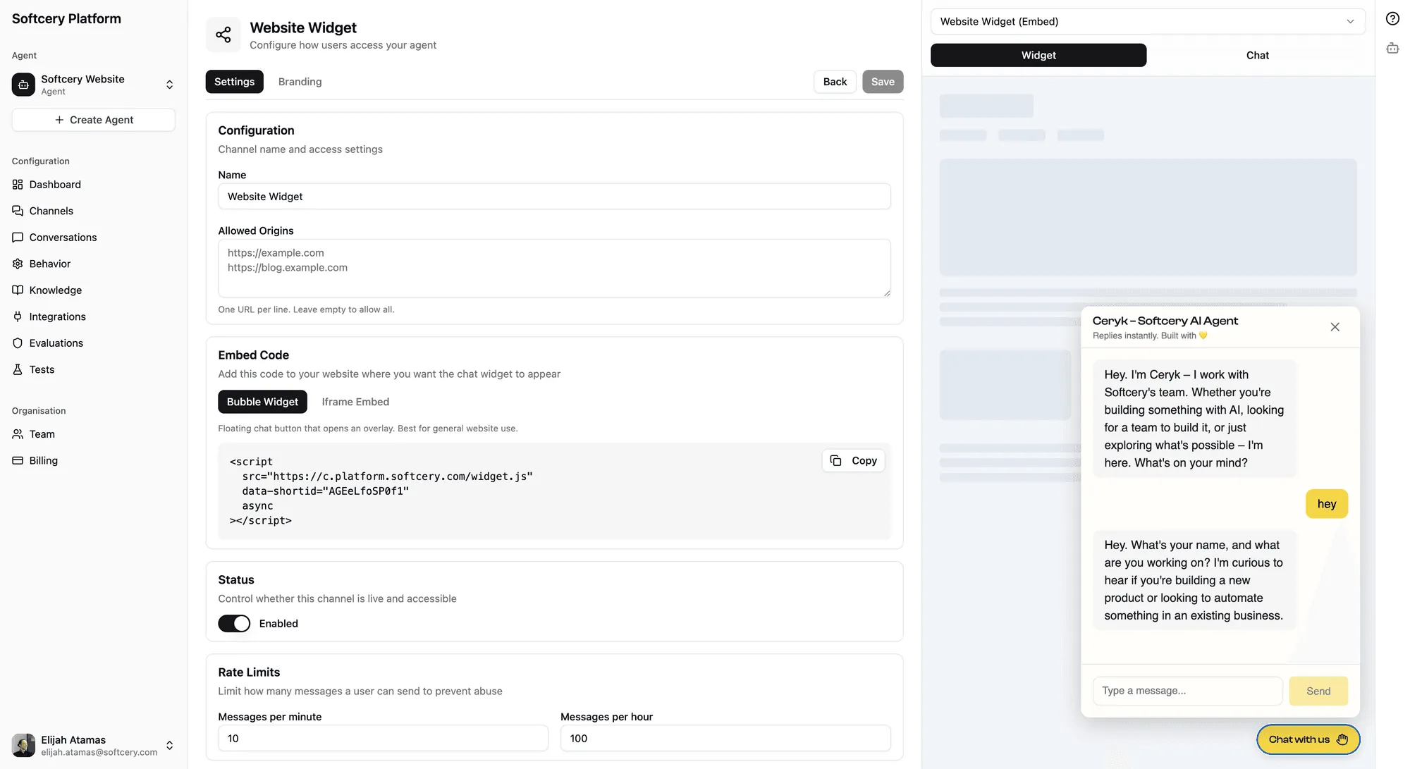 Channel settings showing embed code snippet and allowed origins