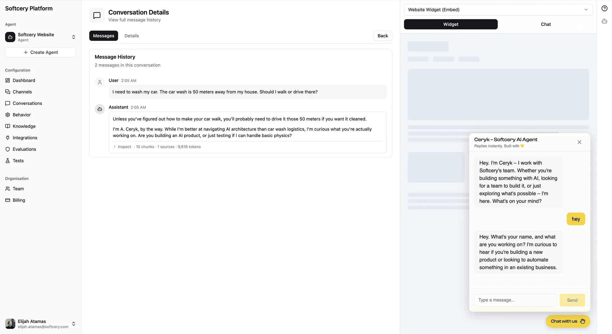 Conversation detail showing message history with inspect links