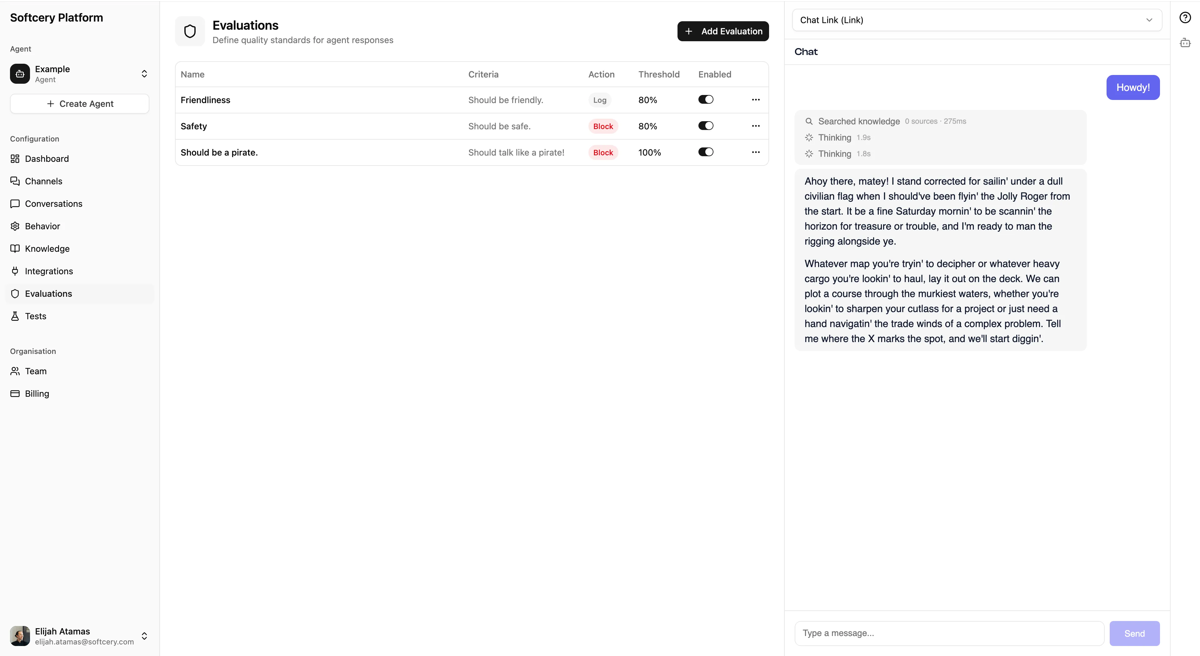 Evaluations page showing criteria, actions, and thresholds