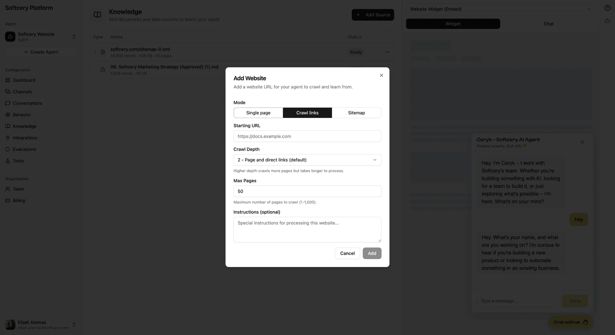 Add website modal with crawl mode, depth, and page limit options