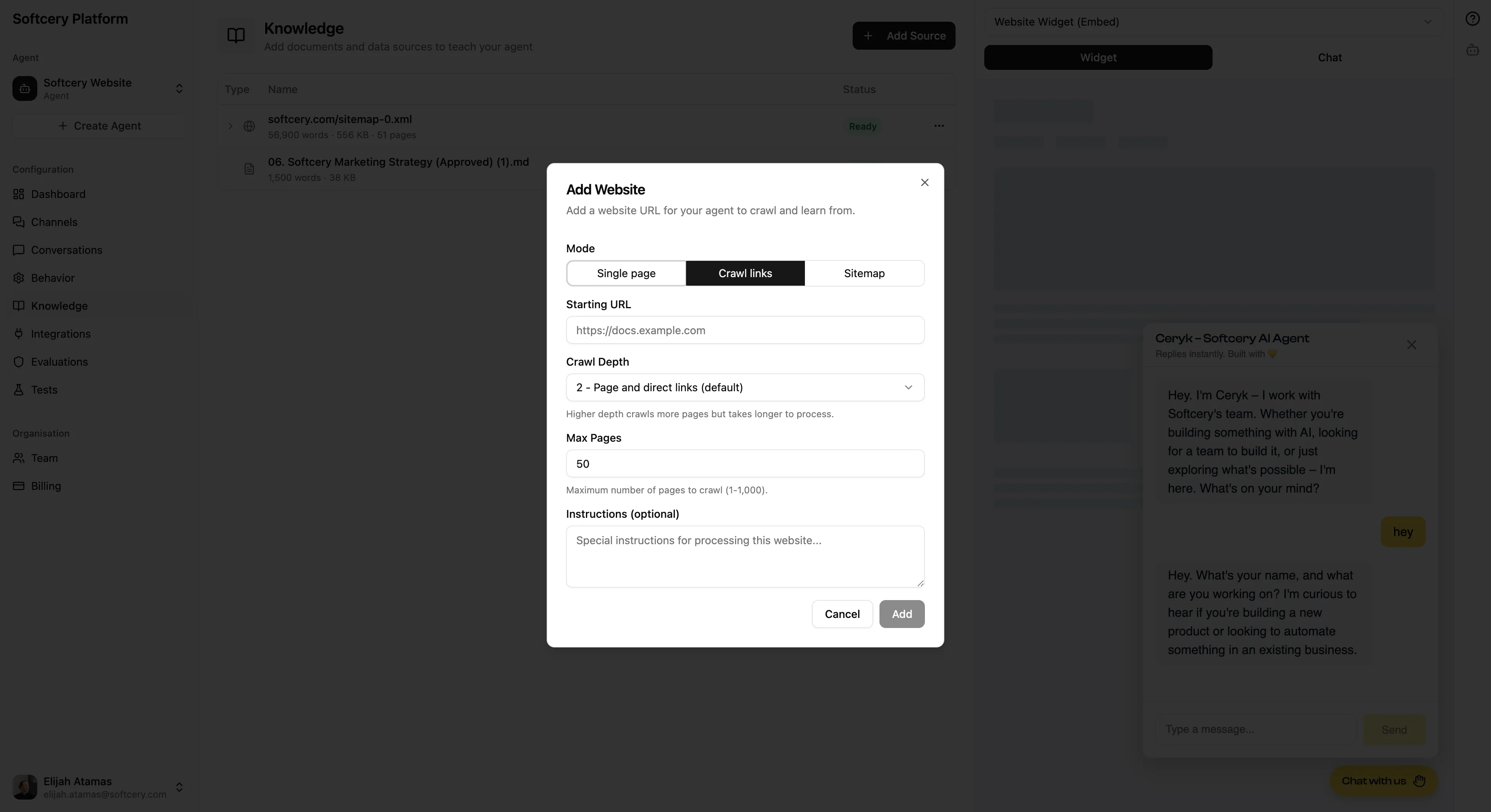Add website modal with crawl mode, depth, and page limit options