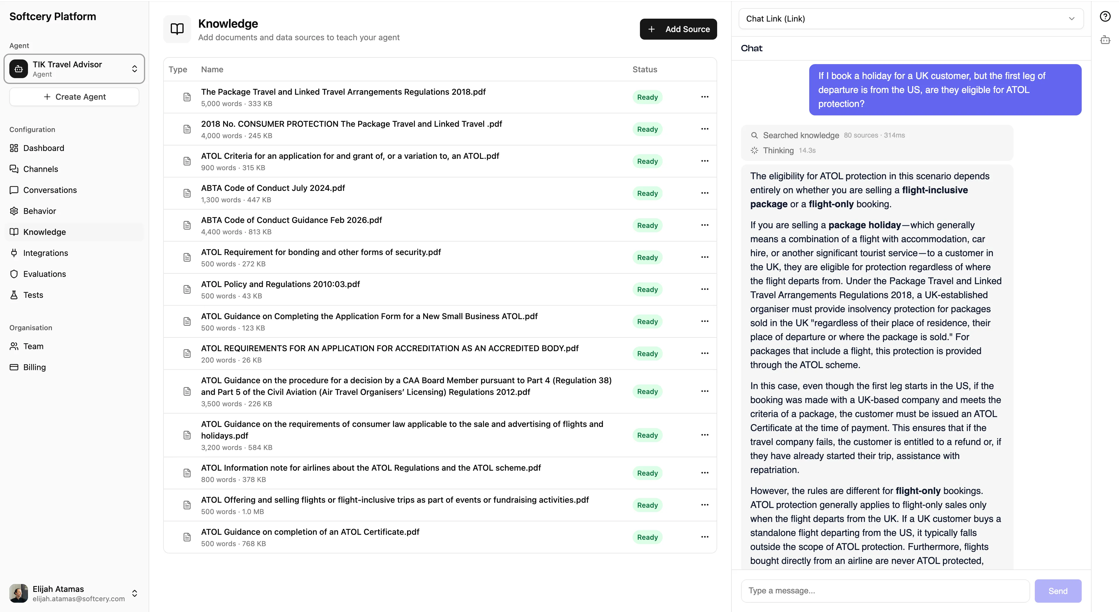 Knowledge page showing website sources with processing status
