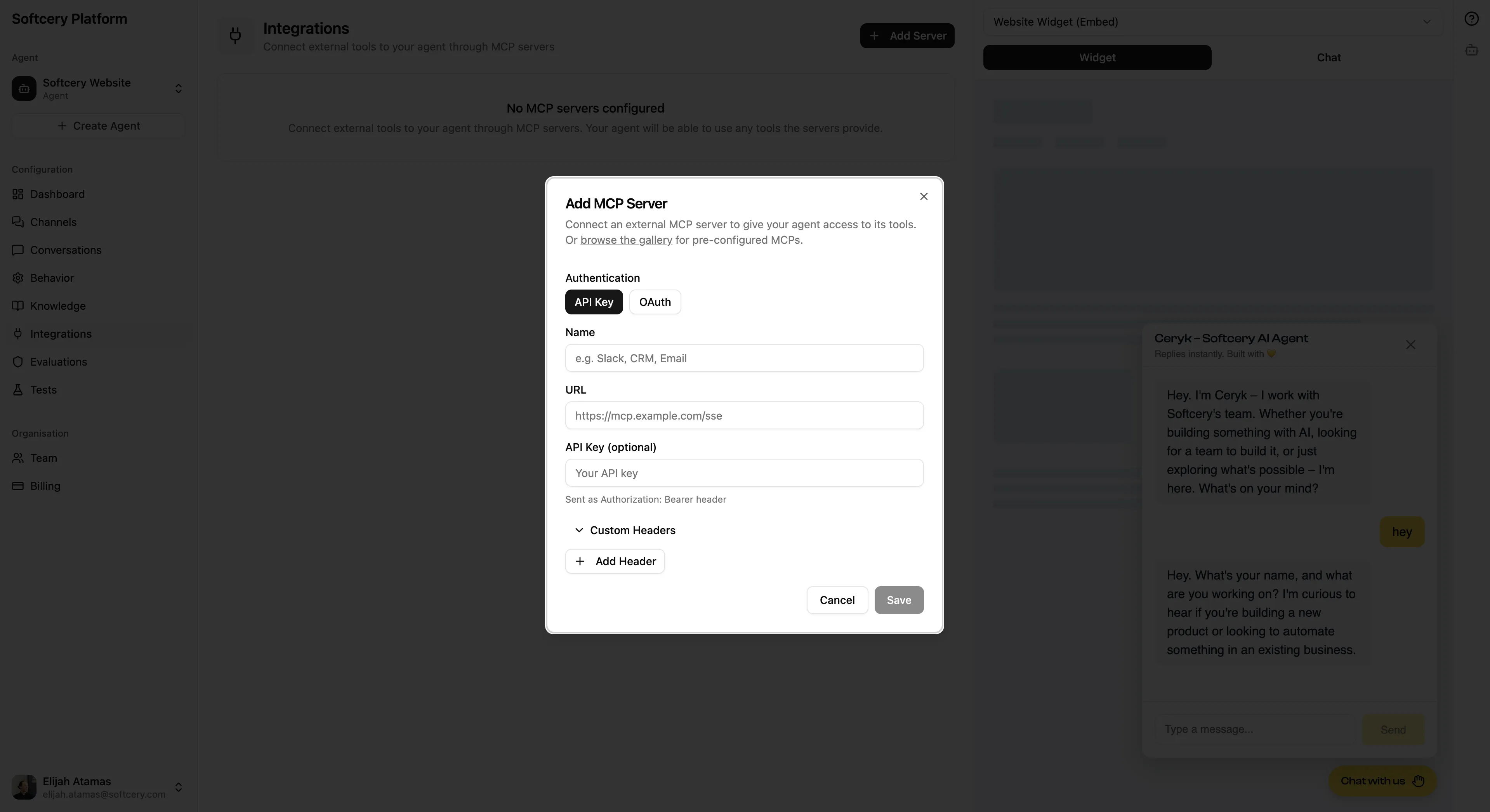 Add MCP server dialog with name, URL, and authentication fields