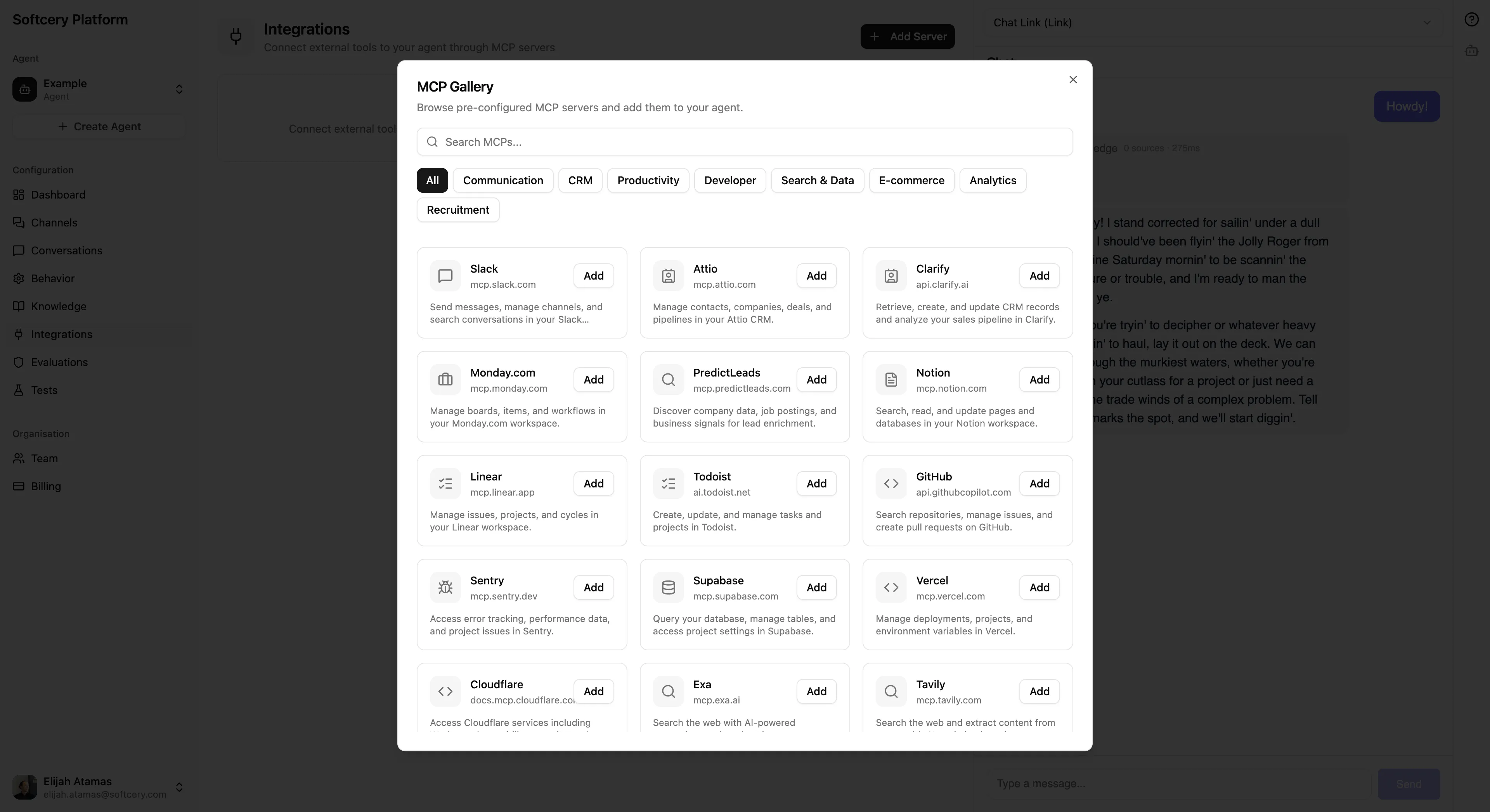 MCP gallery showing pre-configured integrations across categories