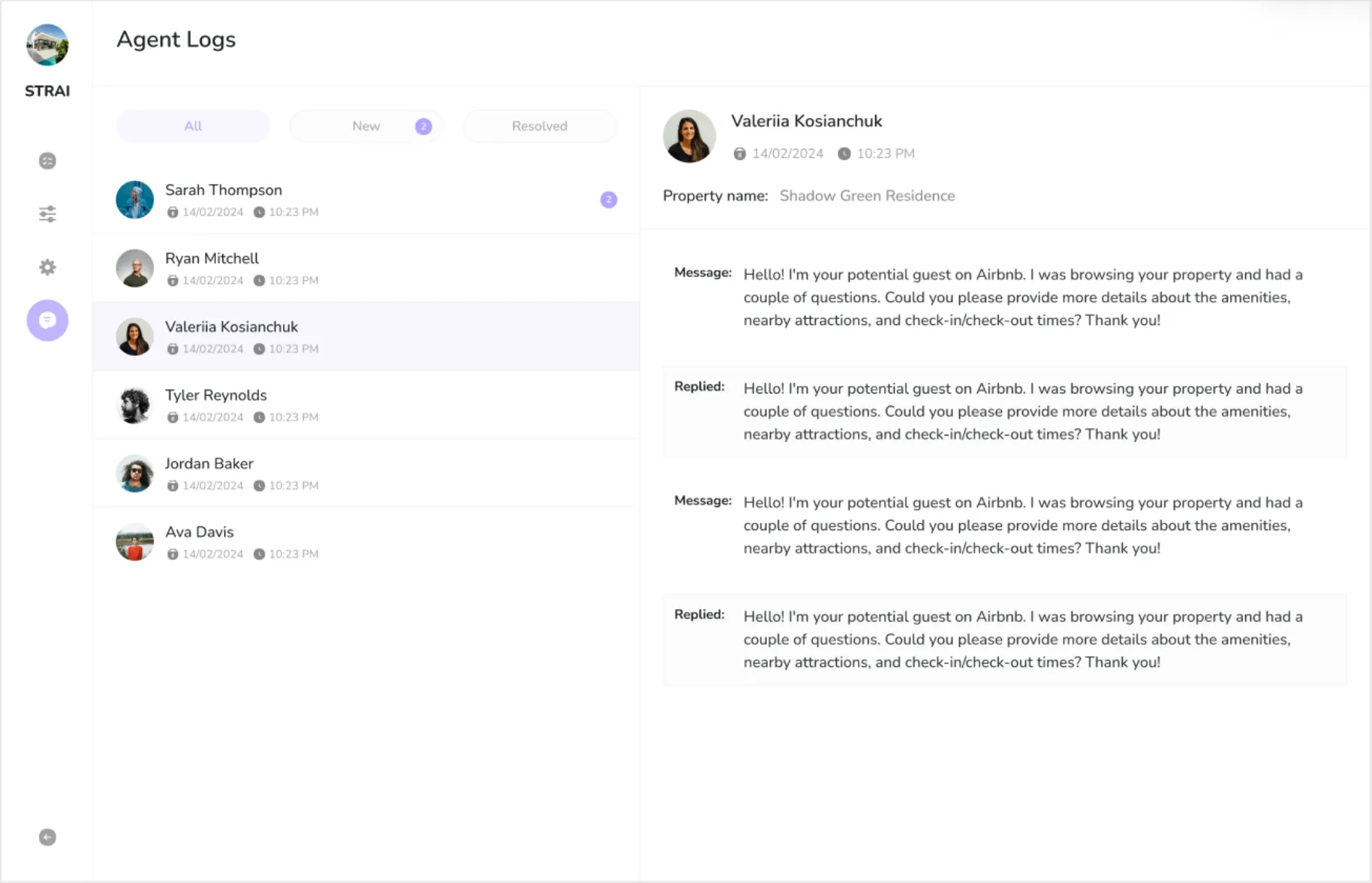 STRAI Agent Logs – AI responses to Airbnb guest messages with full conversation history