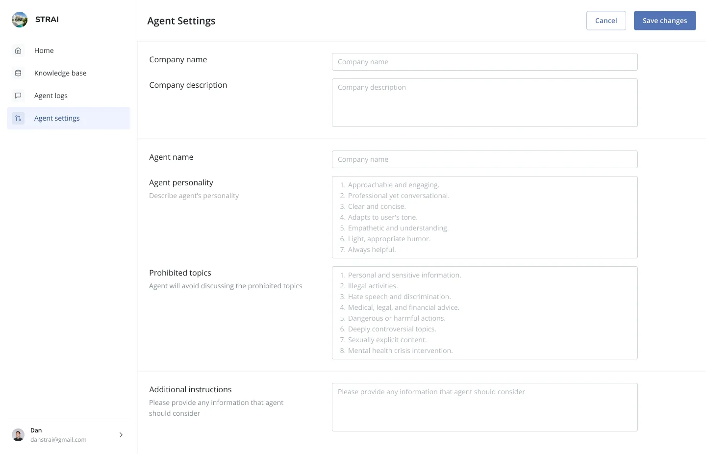 STRAI Agent Settings – configurable personality, prohibited topics, and behavior instructions