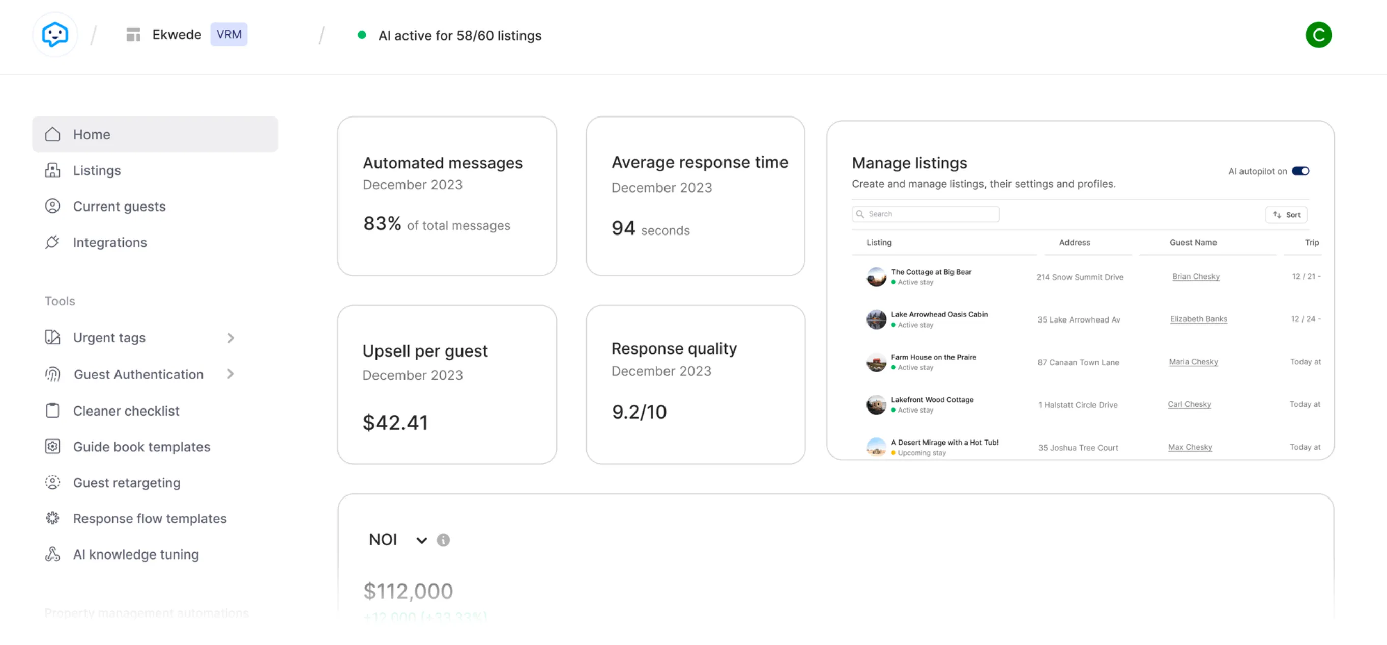 STRAI Dashboard – automated message rate, response time, quality score, and listing management
