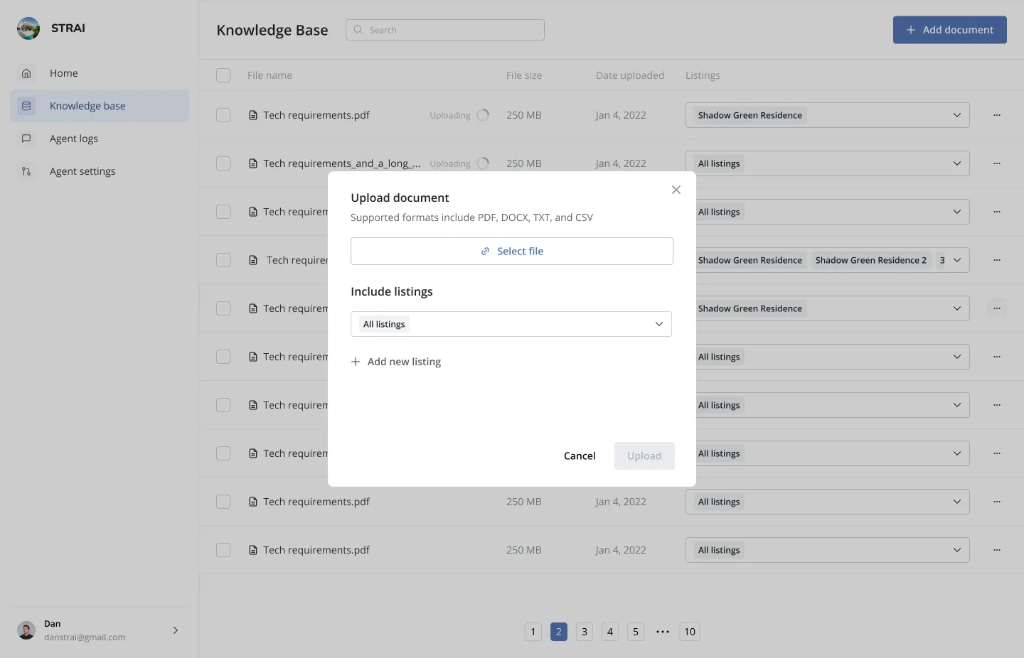 STRAI Knowledge Base – uploading documents mapped to specific Airbnb listings