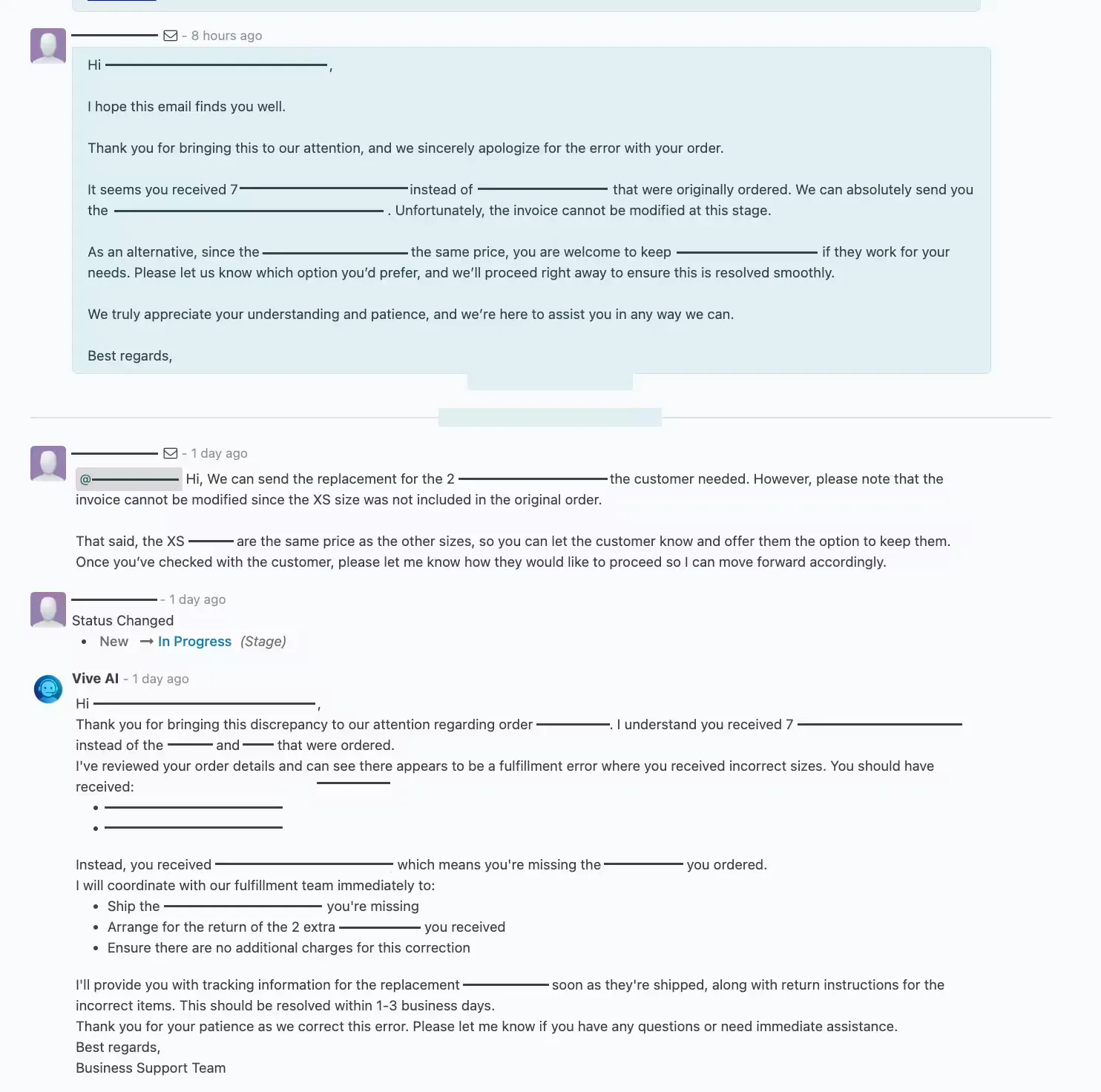 An AI-drafted resolution inside the helpdesk: the agent understands a wrong-shipment problem, identifies the missing items, and proposes shipping the replacement and arranging the return — ready for a support staffer to review and send