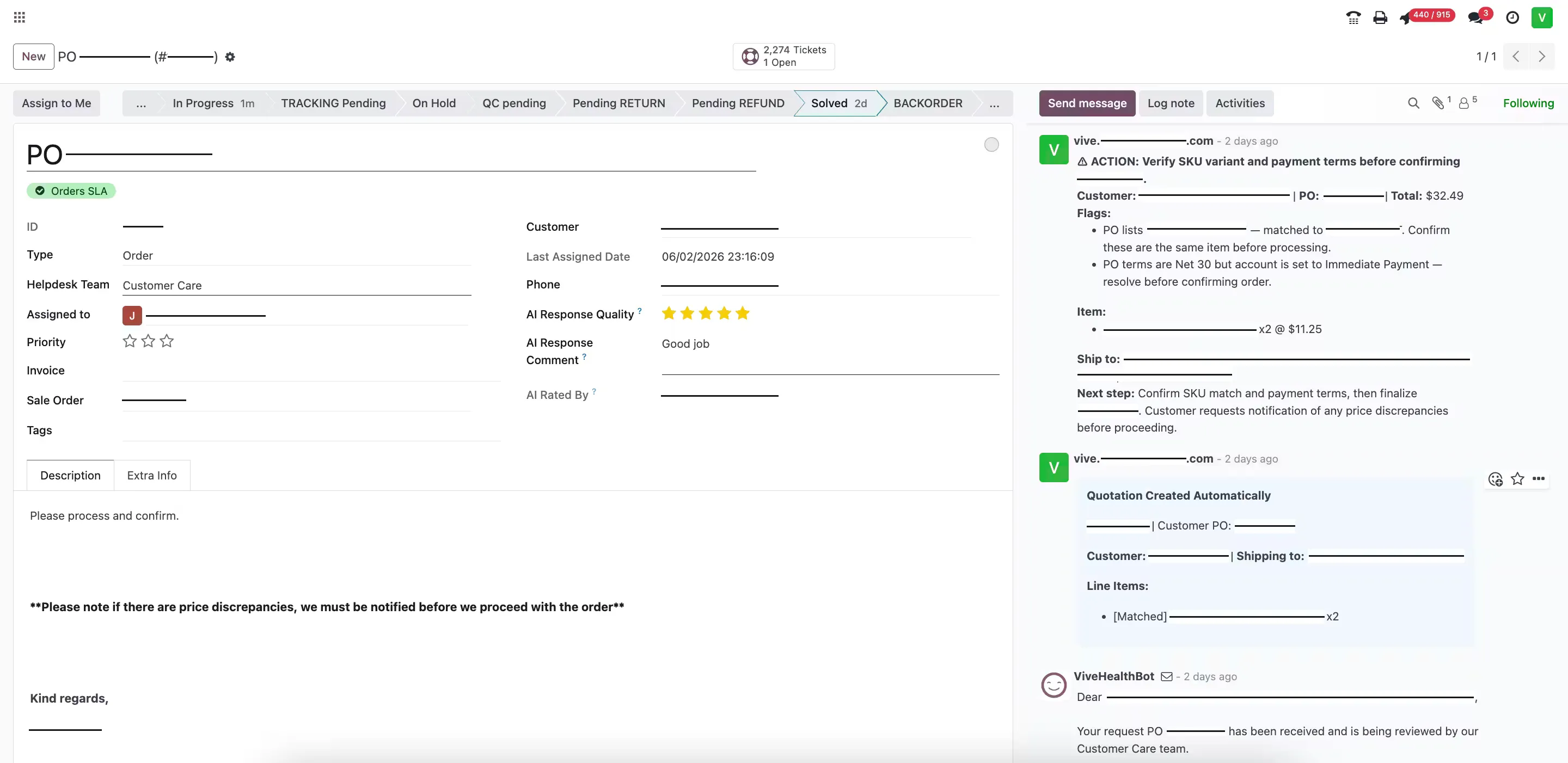 The case in Odoo: the agent verifies the SKU match and payment terms, flags an account discrepancy to resolve before confirming, and posts an automatically created draft quotation with matched line items