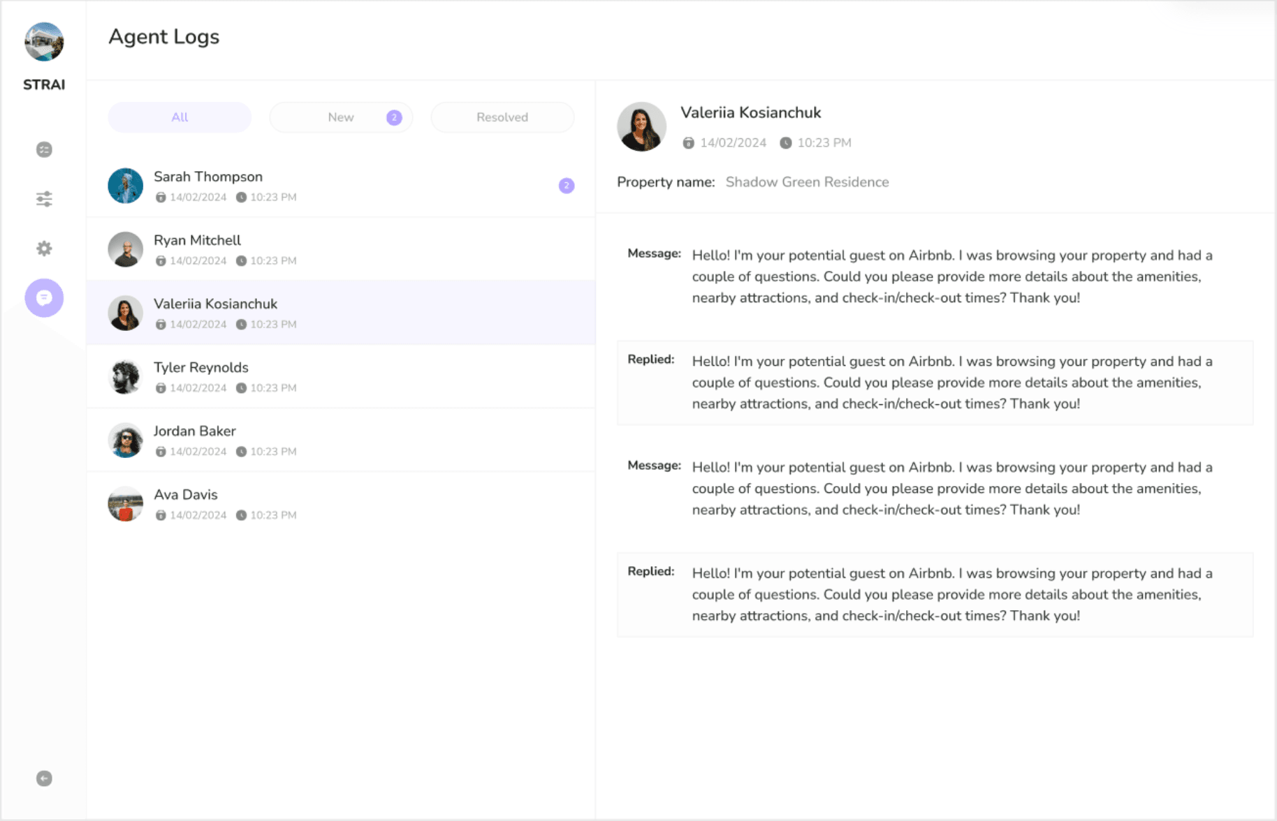 STRAI Agent Logs – AI responses to Airbnb guest messages with full conversation history