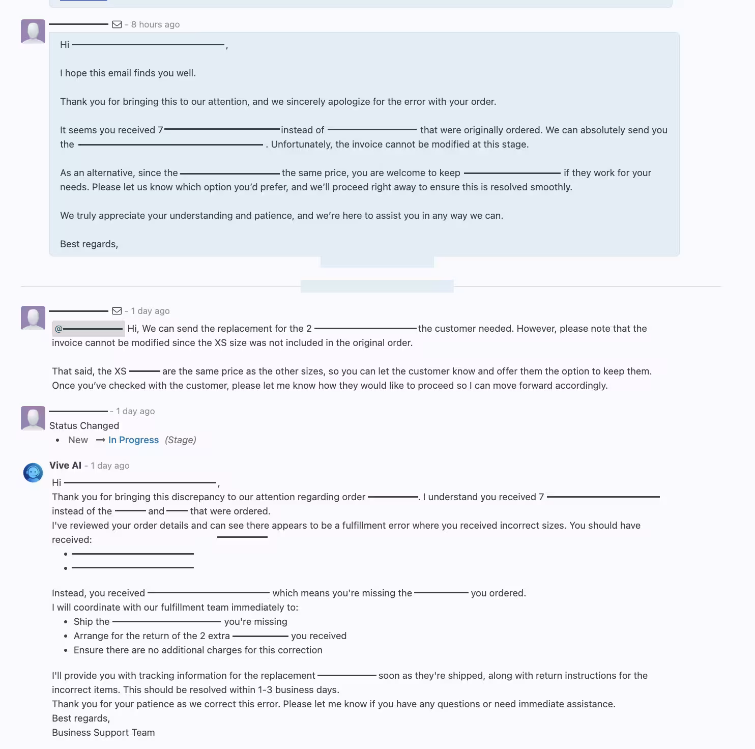 An AI-drafted resolution inside the helpdesk: the agent understands a wrong-shipment problem, identifies the missing items, and proposes shipping the replacement and arranging the return, ready for a support staffer to review and send
