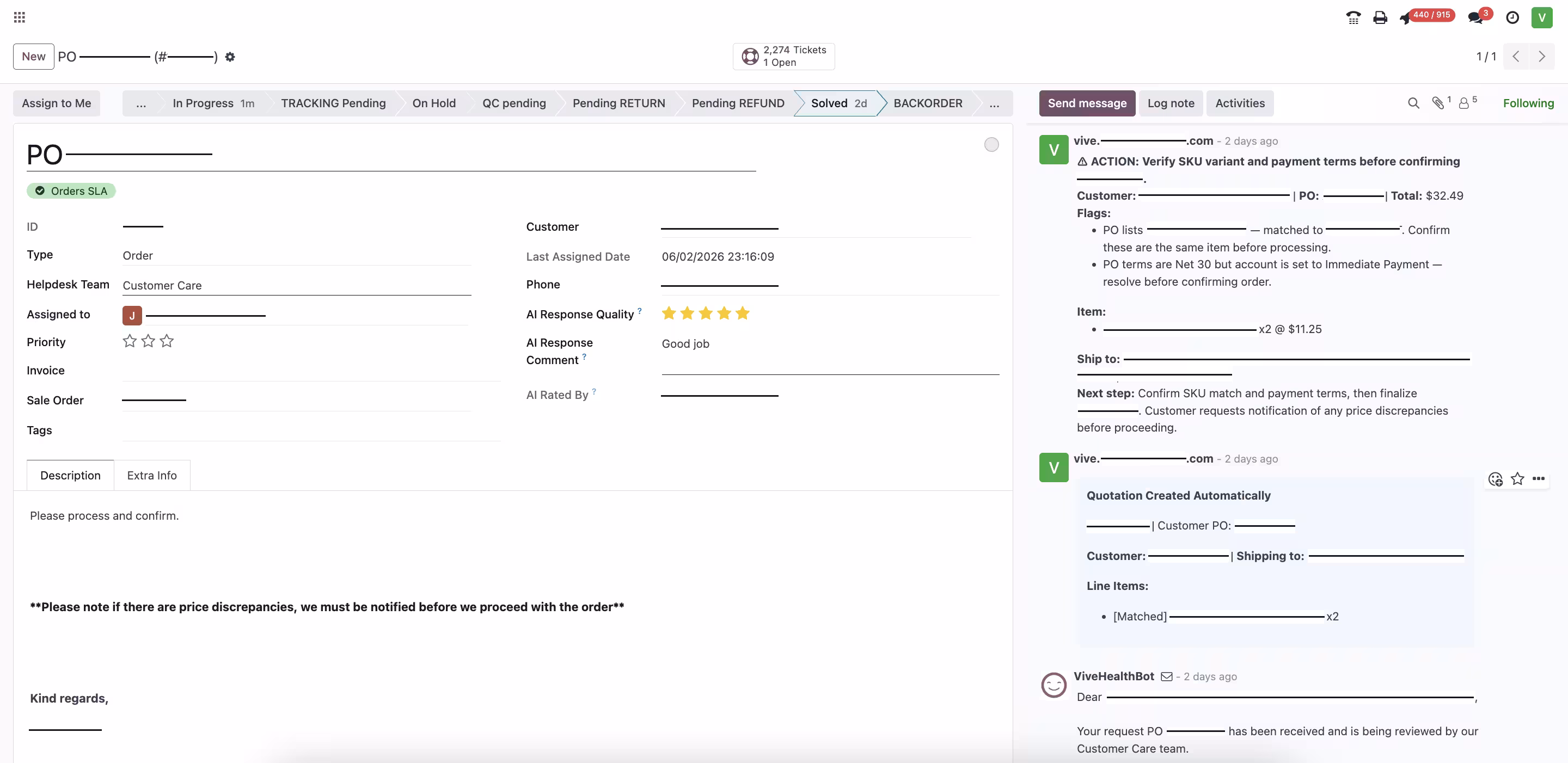 The case in Odoo: the agent verifies the SKU match and payment terms, flags an account discrepancy to resolve before confirming, and posts an automatically created draft quotation with matched line items
